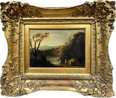 Figures in Far Reaching Landscape Antique British Oil Beautiful Gilt Frame