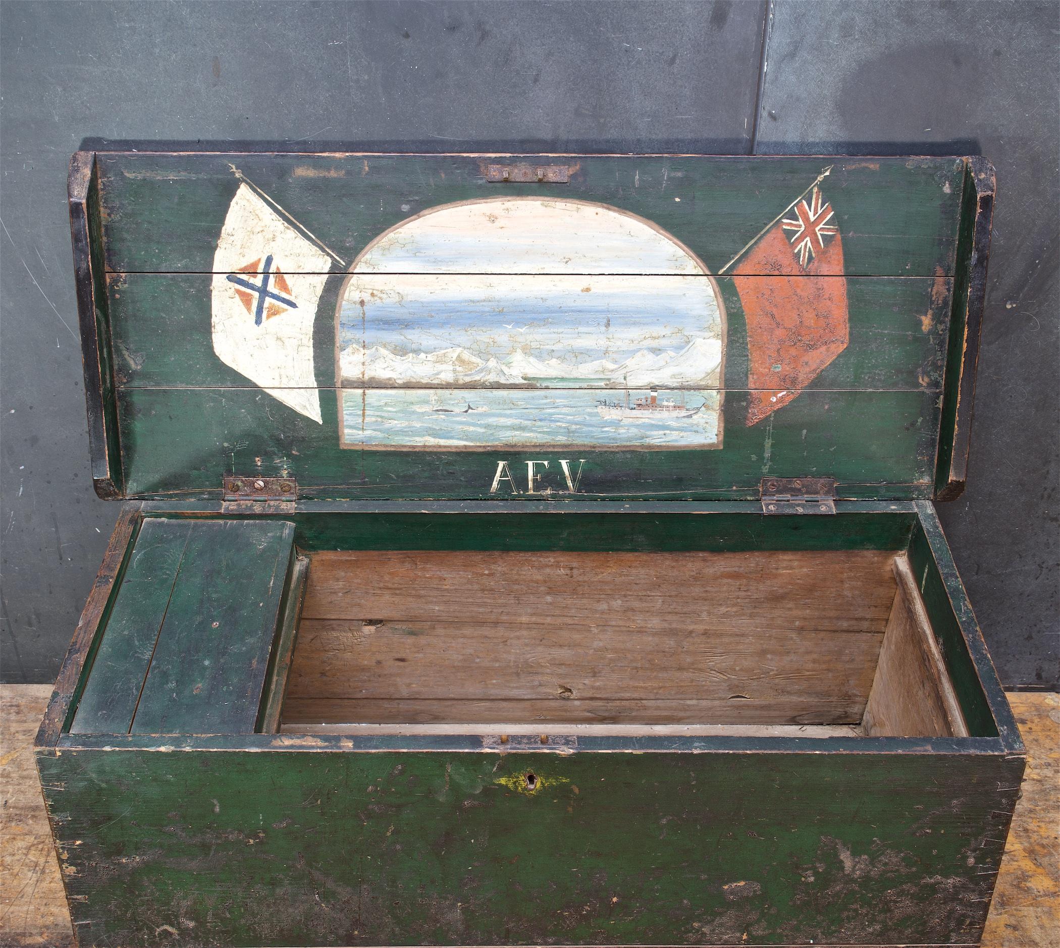 1800s British Sailors Sea Chest Trunk Painted Whaling Scene Flags Rope Beckets 1