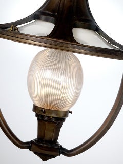 1800s Bronze Art Nouveau Holophane Railroad Car Ceiling Lamp