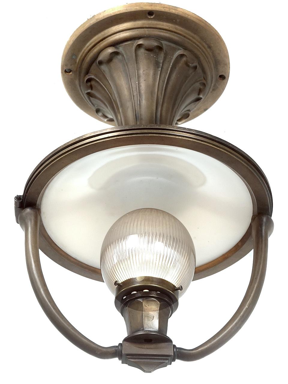 American 1800s Bronze Art Nouveau Holophane Railroad Car Ceiling Lamp