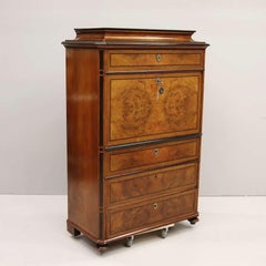 1800s Burl Wood Veneered Tall Secretary with Black Trim Throughout