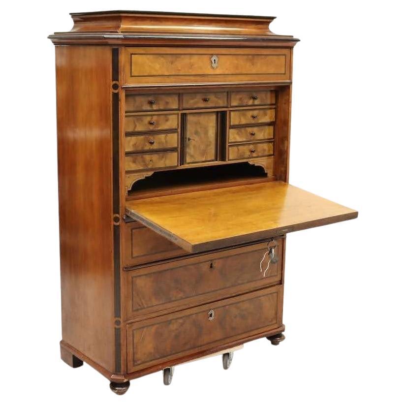 1800s Burl Wood Veneered Tall Secretary with Black Trim Throughout For Sale