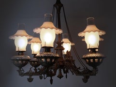 1800s Cast Iron Eastlake Six-Arm Oil Chandelier