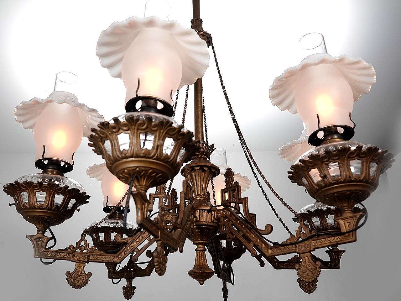 1800s Cast Iron Eastlake Six-Arm Oil Chandelier In Good Condition For Sale In Peekskill, NY
