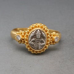 1800's Cochin India Lord Vishnu Coin Diamonds 22K Gold Ring