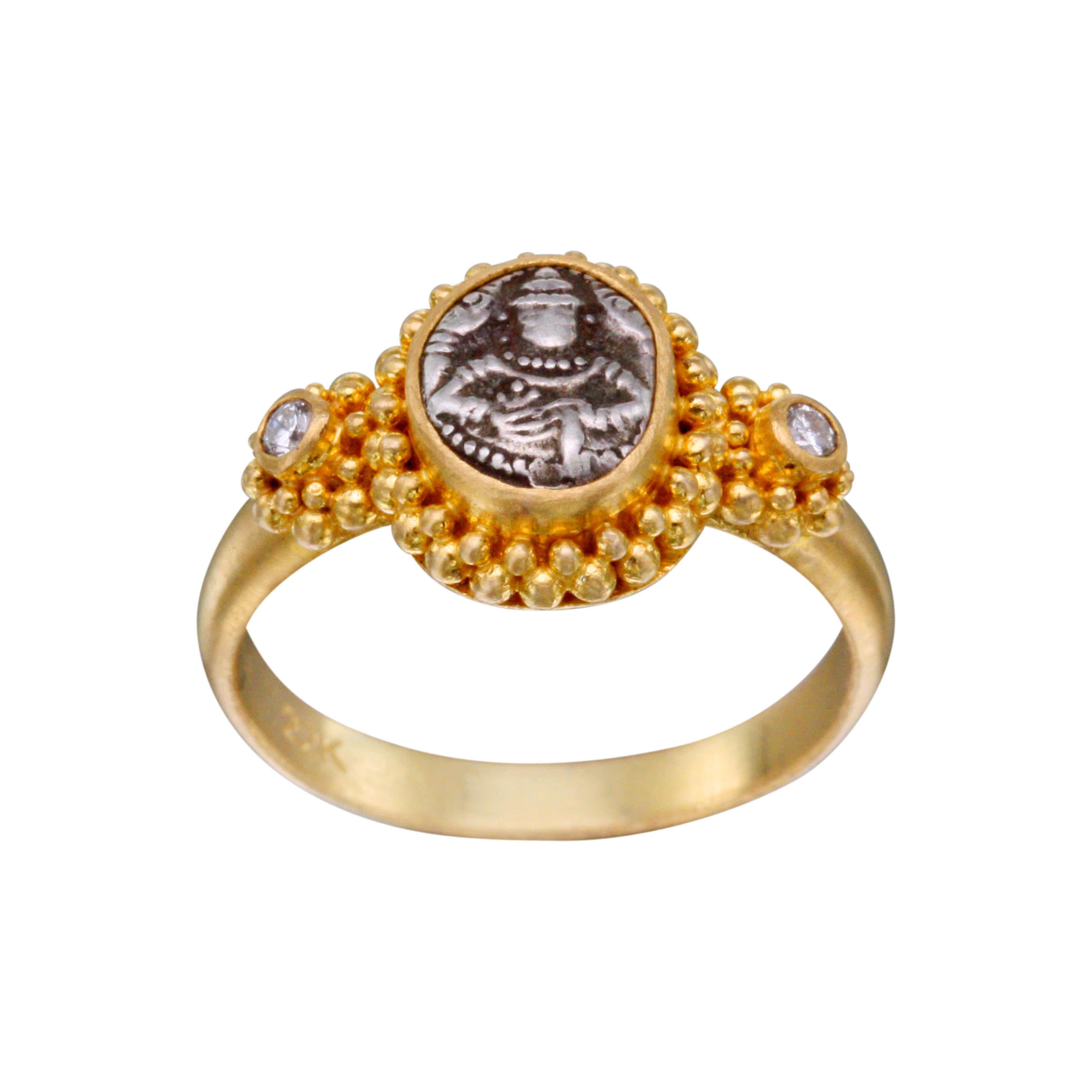 Contemporary 1800's Cochin India Lord Vishnu Coin Diamonds 22K Gold Ring For Sale