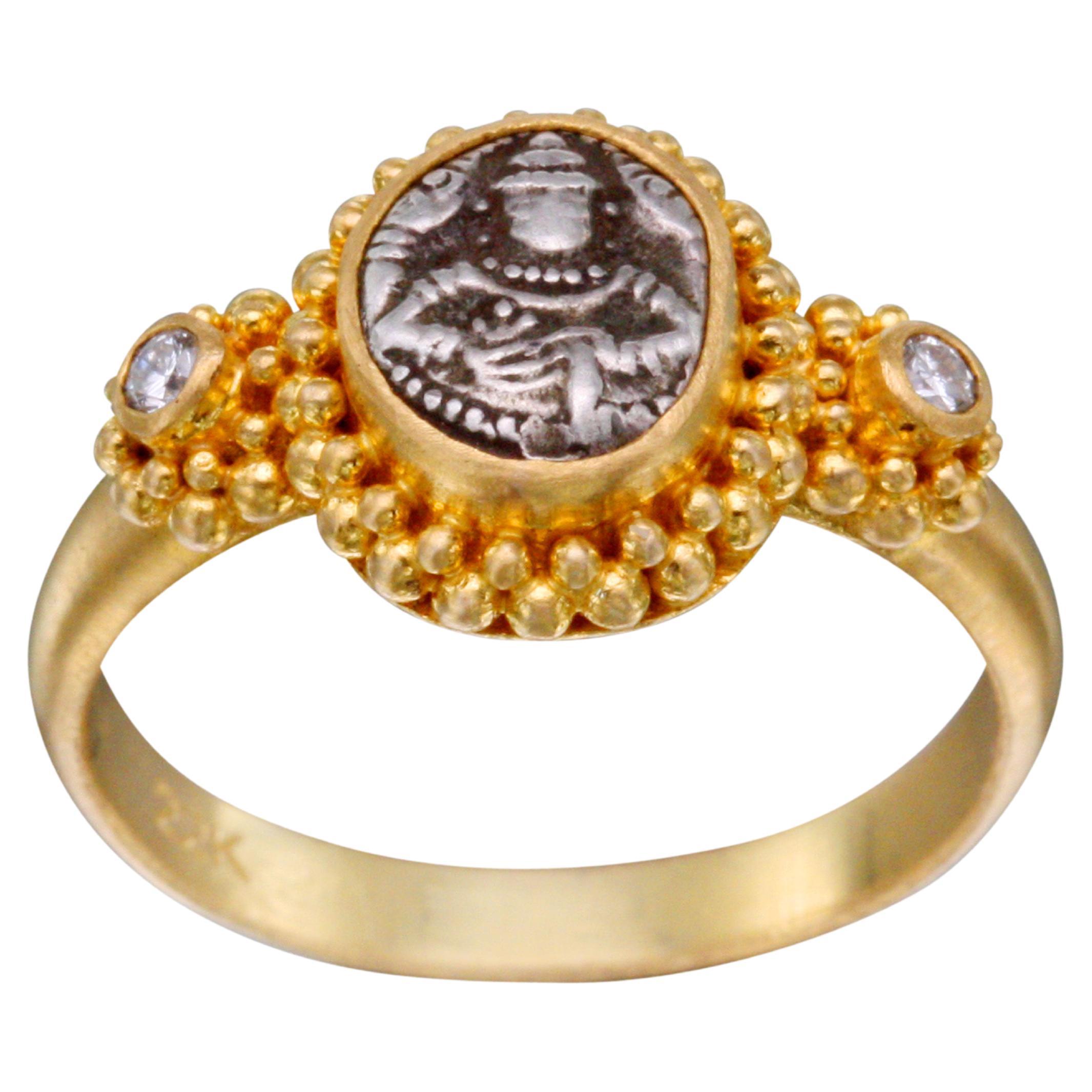 1800's Cochin India Lord Vishnu Coin Diamonds 22K Gold Ring For Sale
