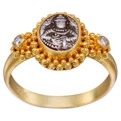 1800's Cochin India Lord Vishnu Coin Diamonds 22K Gold Ring