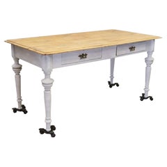 Antique 1800s Dining Table with Pine Top and Whitewash Painted Legs