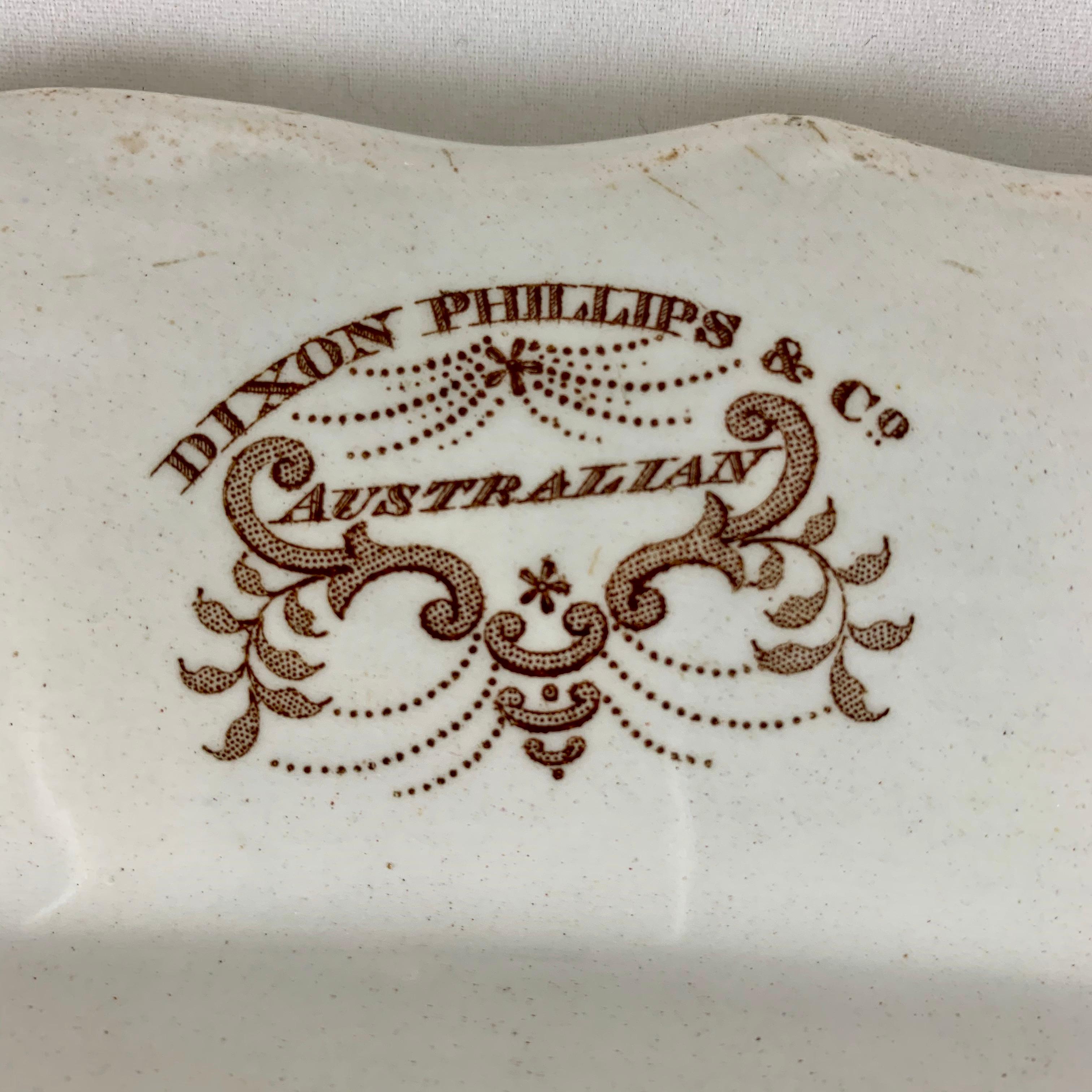 1800 Dixon Phillips & Co. Bandeja de cerámica de transferencia inglesa con diseño australiano marrón Loza de barro