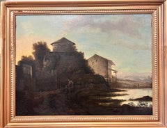 Antique Dutch Oil Painting Figures at Sunset by Coastal Estuary with Buildings