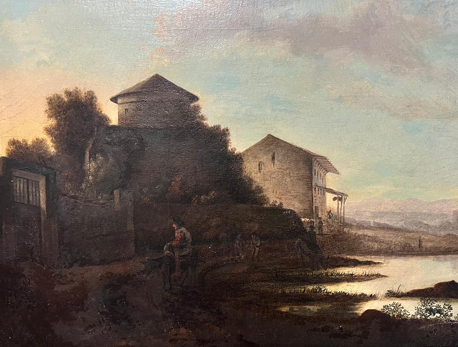 1800's Dutch School Landscape Painting - Antique Dutch Oil Painting Figures at Sunset by Coastal Estuary with Buildings