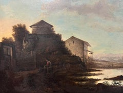 Antique Dutch Oil Painting Figures at Sunset by Coastal Estuary with Buildings