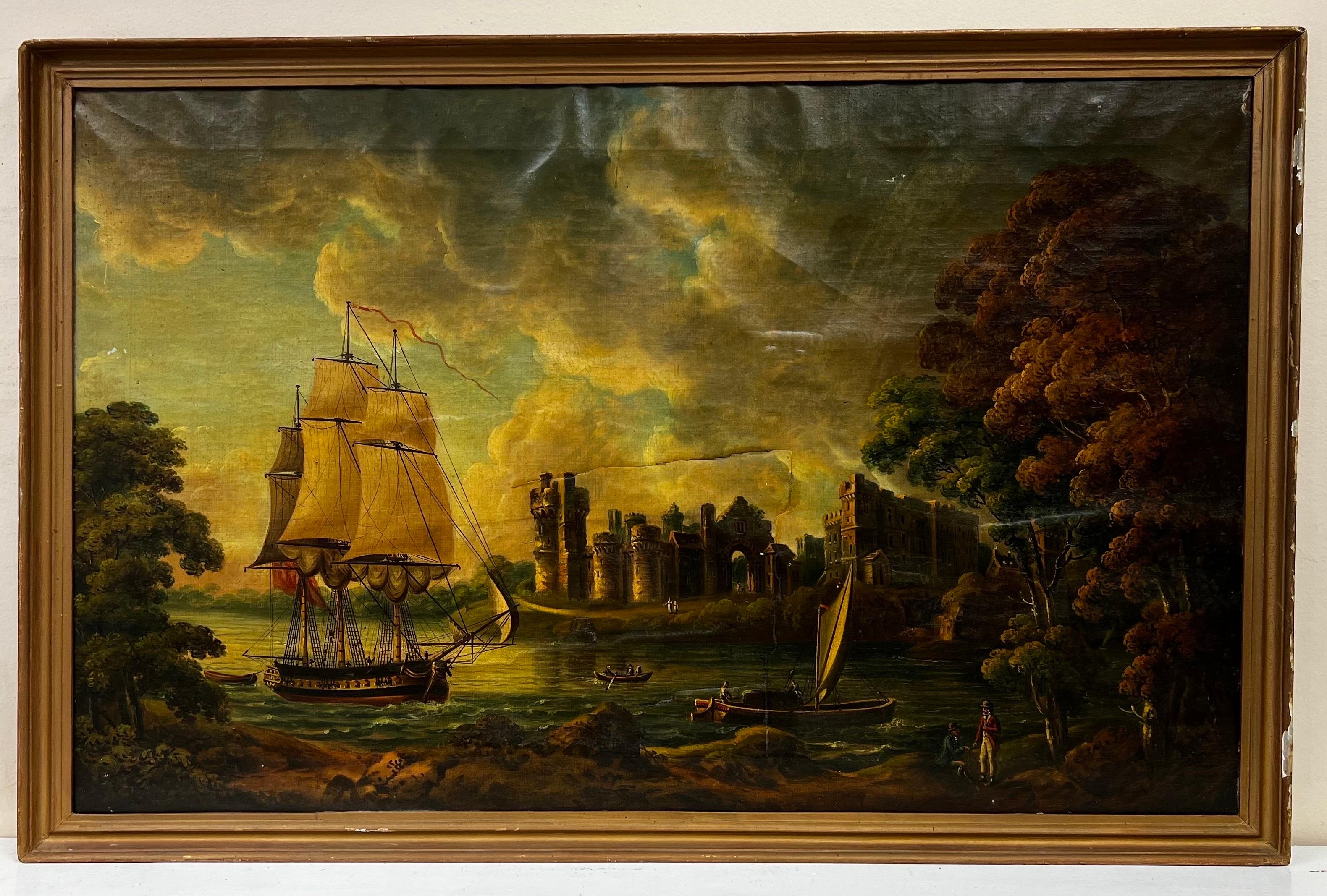 Artist/ School: Dutch School, early 1800's period

Title: Trading estuary with shipping

Medium: oil on canvas, framed 

Framed: 26.5 x 40.5 inches
Canvas : 23.5 x 38 inches

Provenance: private collection, England

Condition: The painting is