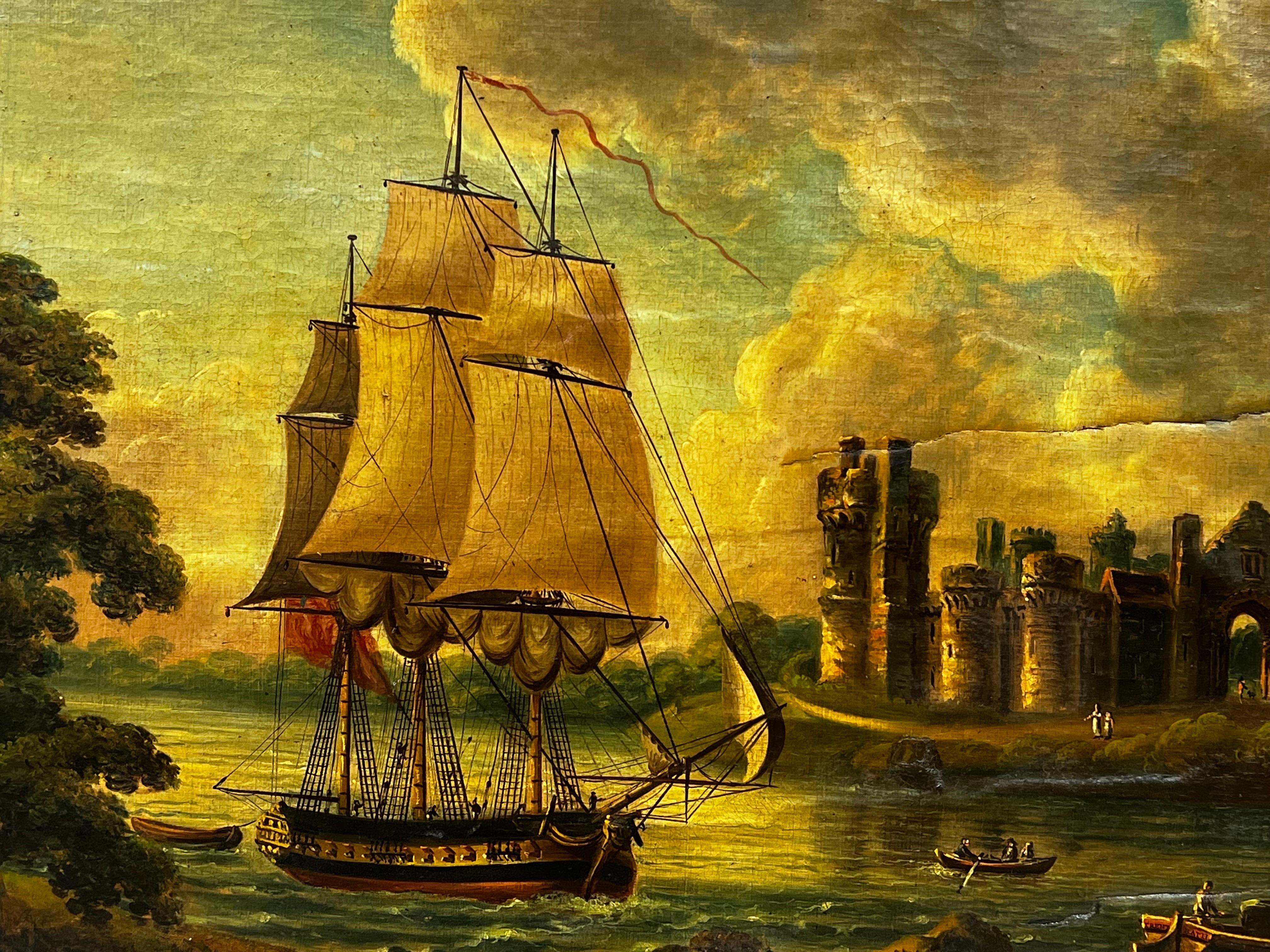 Huge Antique Dutch Oil Painting Trading Ship in Estuary River Landscape 1