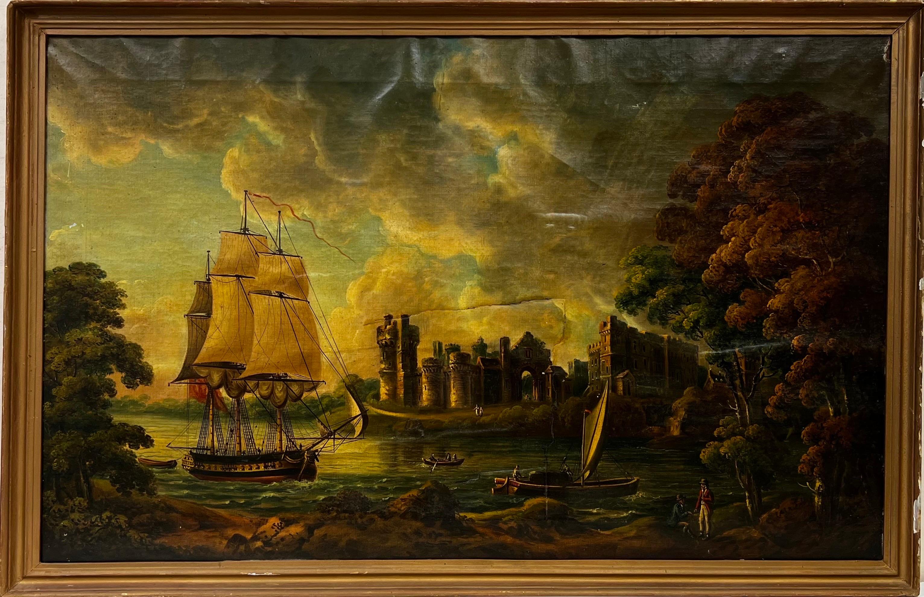 1800's Dutch School Figurative Painting - Huge Antique Dutch Oil Painting Trading Ship in Estuary River Landscape