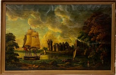 Huge Antique Dutch Oil Painting Trading Ship in Estuary River Landscape