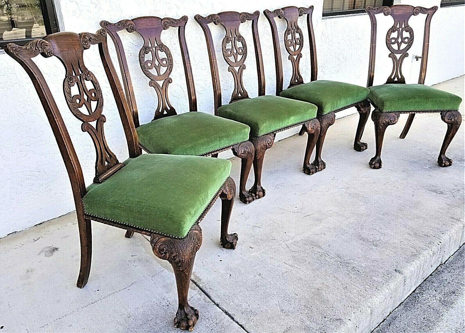 19th Century 1800's English Oak Ball Claw Chippendale Dining Chairs Set of 5 For Sale