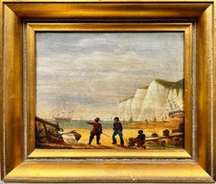 Napoleonic Wars Marine 1800's Oil Painting Soldiers on Beach War Ship at Sea