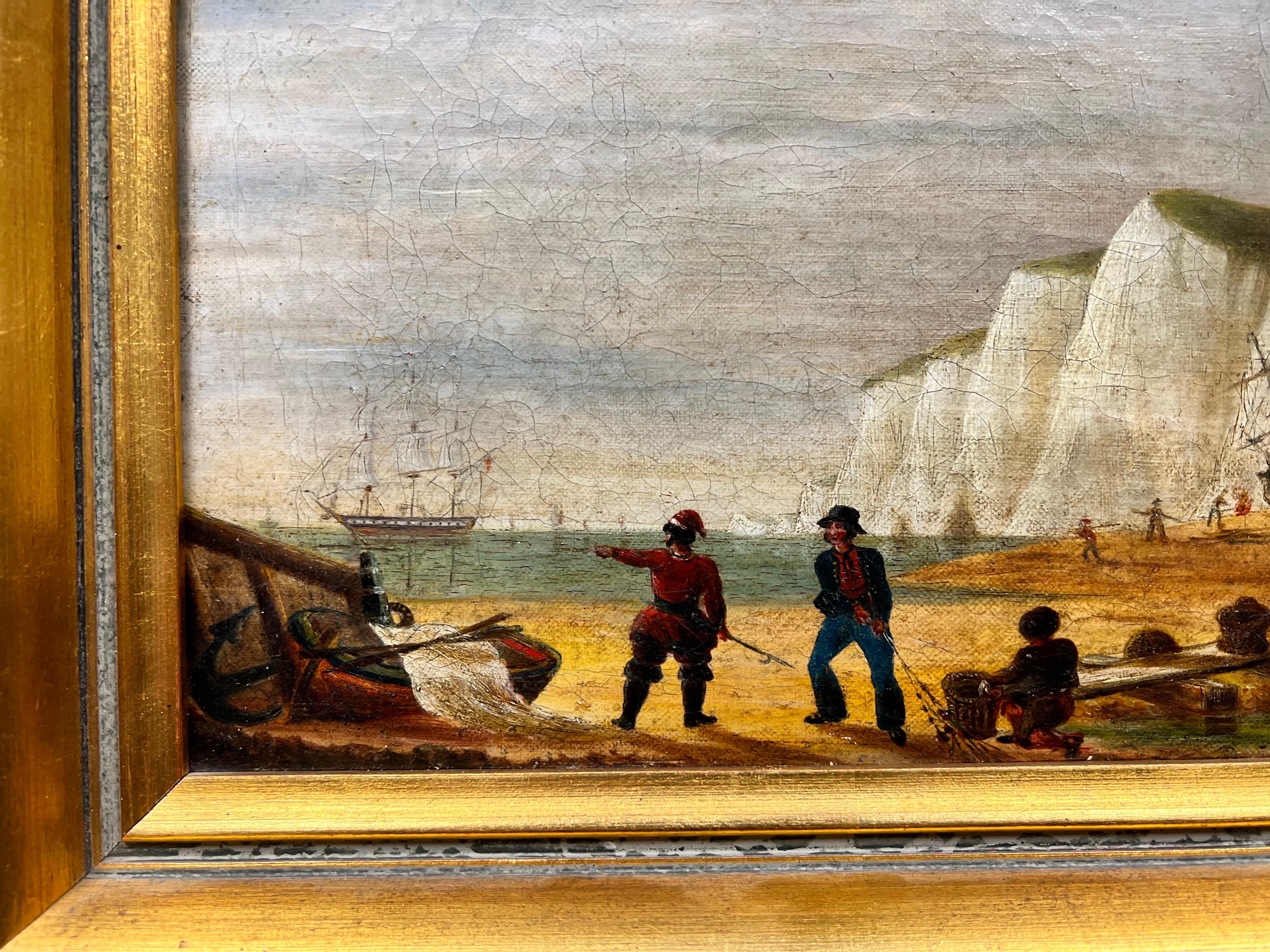 Napoleonic Wars Marine 1800's Oil Painting Soldiers on Beach War Ship at Sea For Sale 1