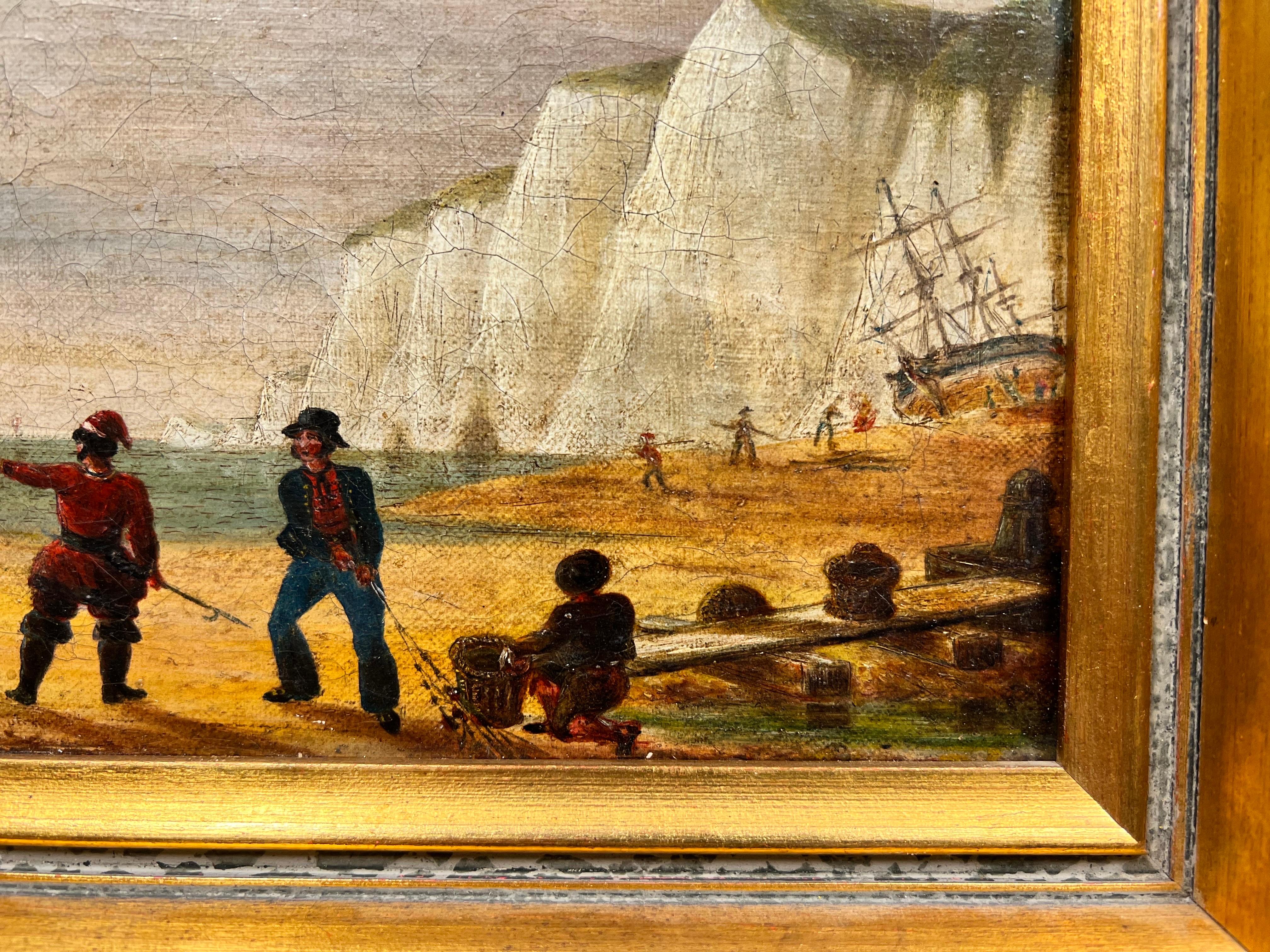 Napoleonic Wars Marine 1800's Oil Painting Soldiers on Beach War Ship at Sea For Sale 2