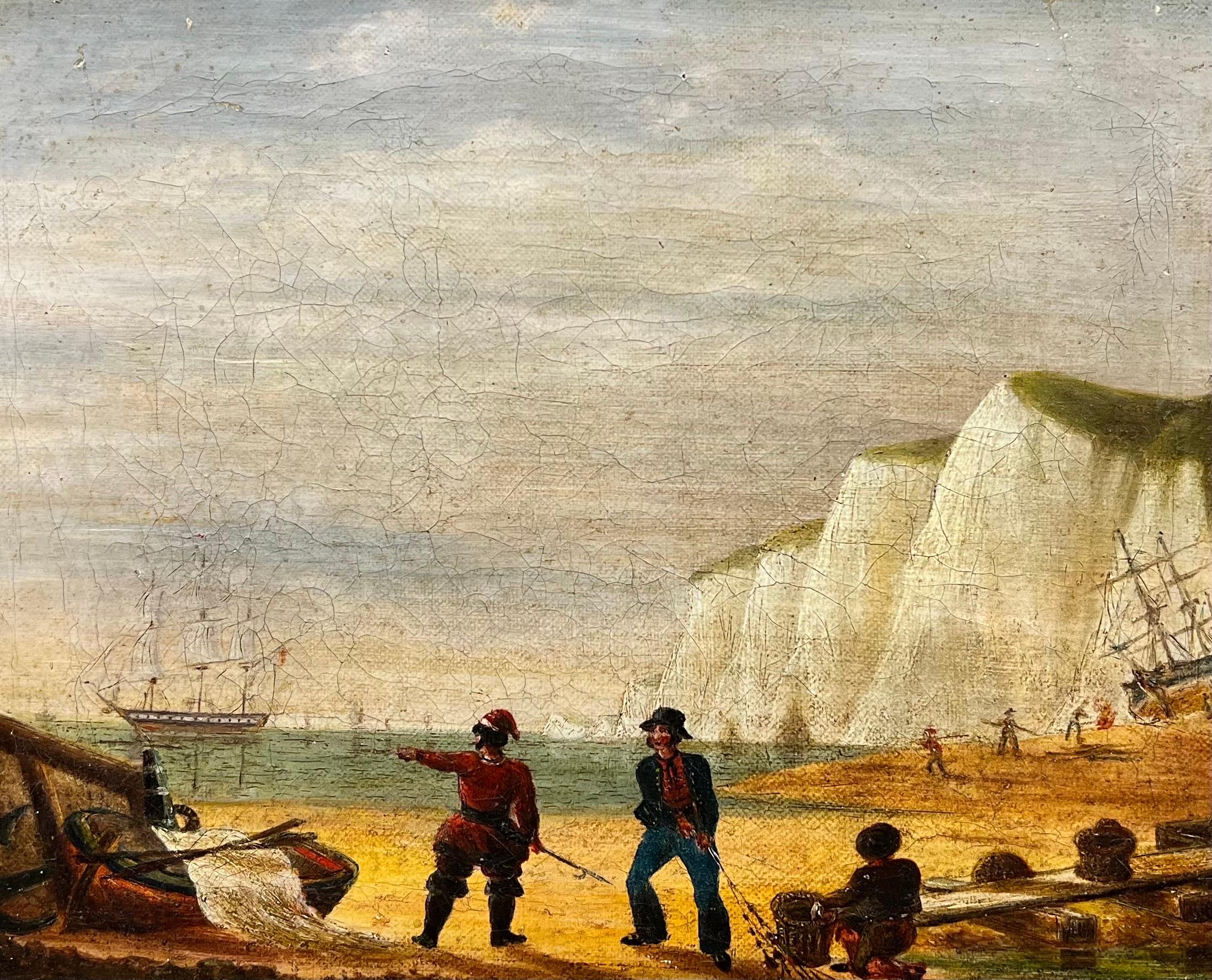 1800's English Figurative Painting - Napoleonic Wars Marine 1800's Oil Painting Soldiers on Beach War Ship at Sea