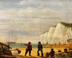 Napoleonic Wars Marine 1800's Oil Painting Soldiers on Beach War Ship at Sea