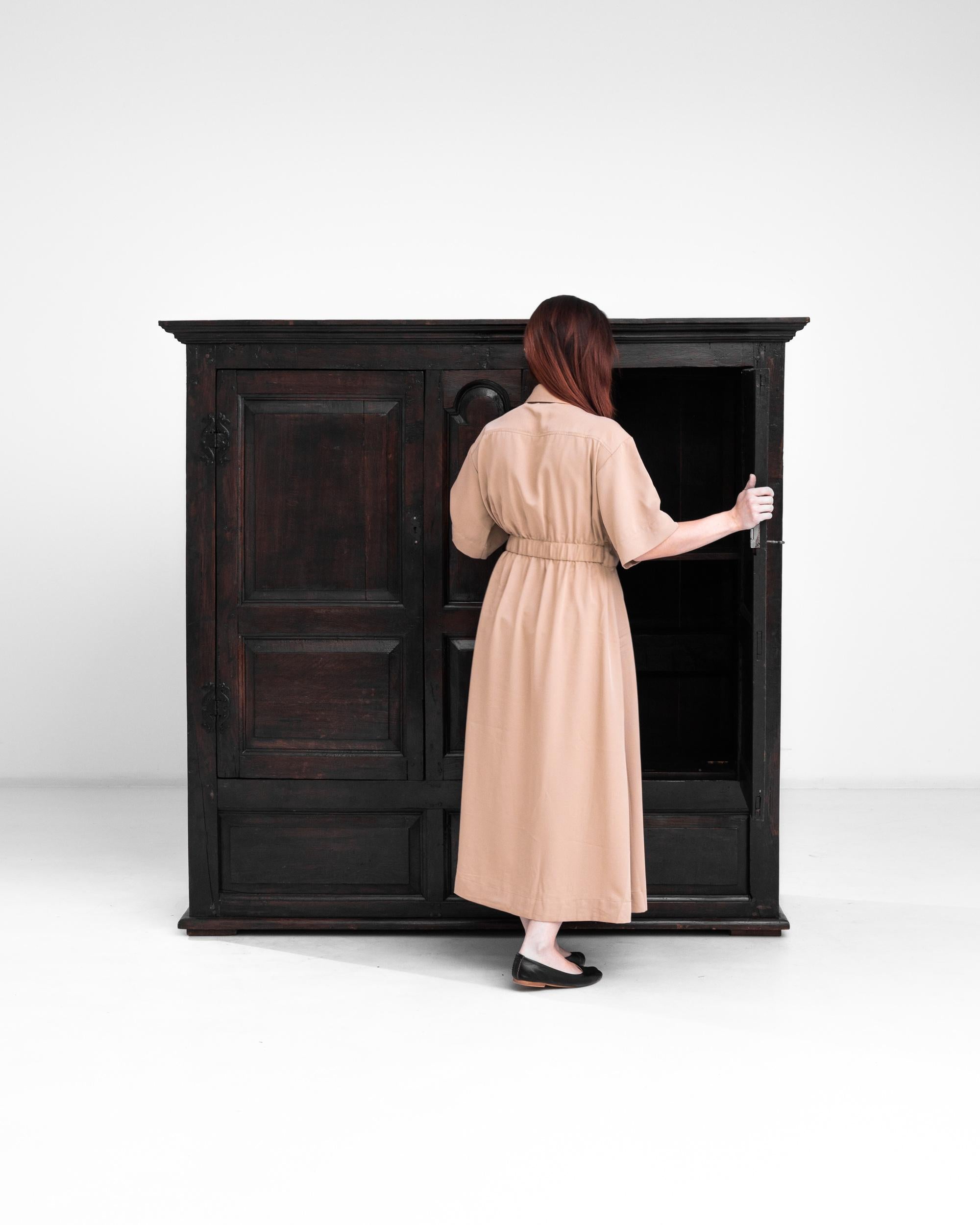 Immerse your space in the historical charm of the 1800s with the English Wooden Cabinet, proudly preserving its original patina. The dark patina, rich and nuanced, adds an authentic touch without veering into black. The cabinet features two main