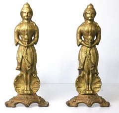 1800s Figural Pair of Gilt Iron Andirons 'American Lady Liberty'