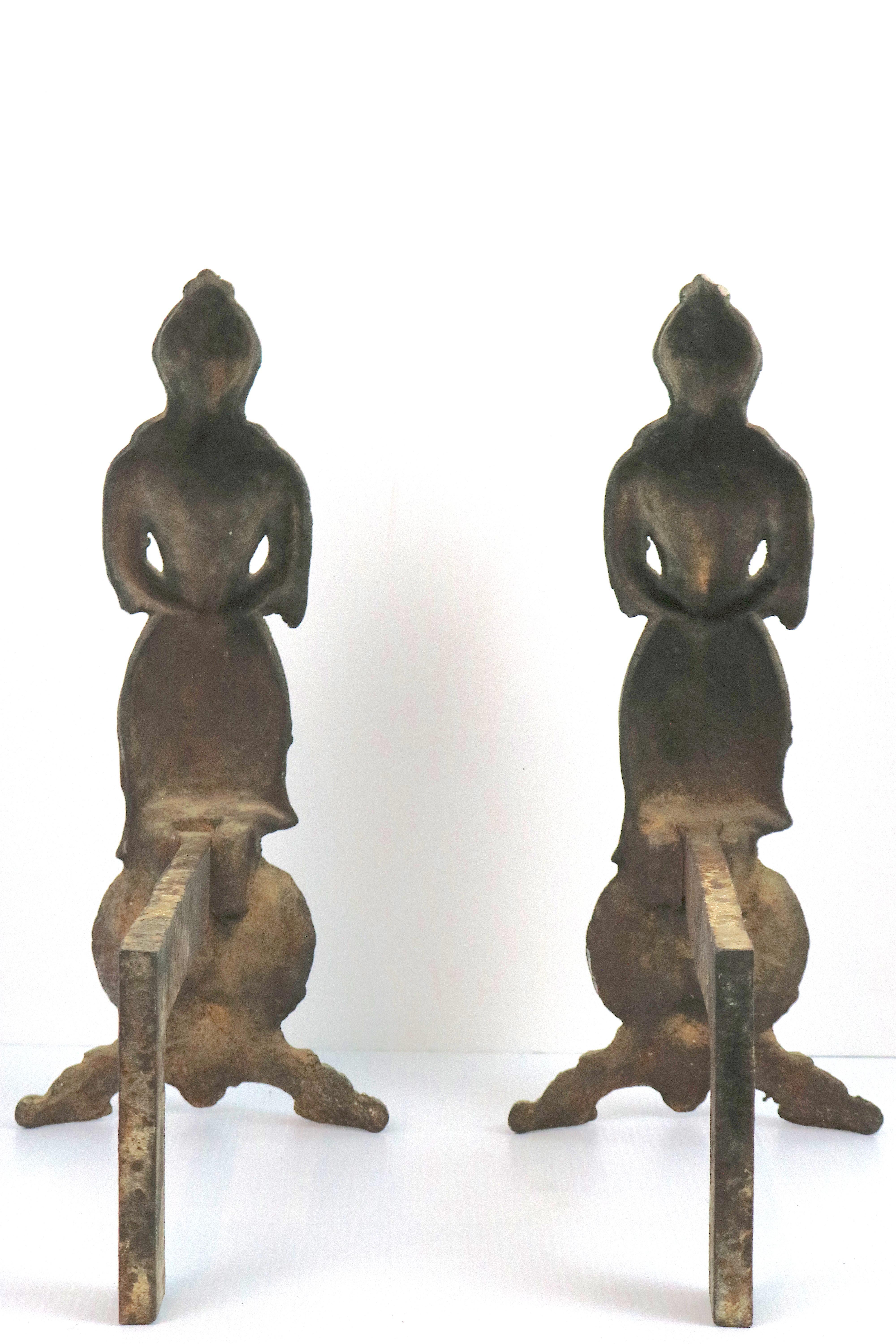 Victorian 1800s Figural Pair of Gilt Iron Andirons 'American Lady Liberty' For Sale