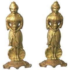 1800s Figural Pair of Gilt Iron Andirons 'American Lady Liberty'