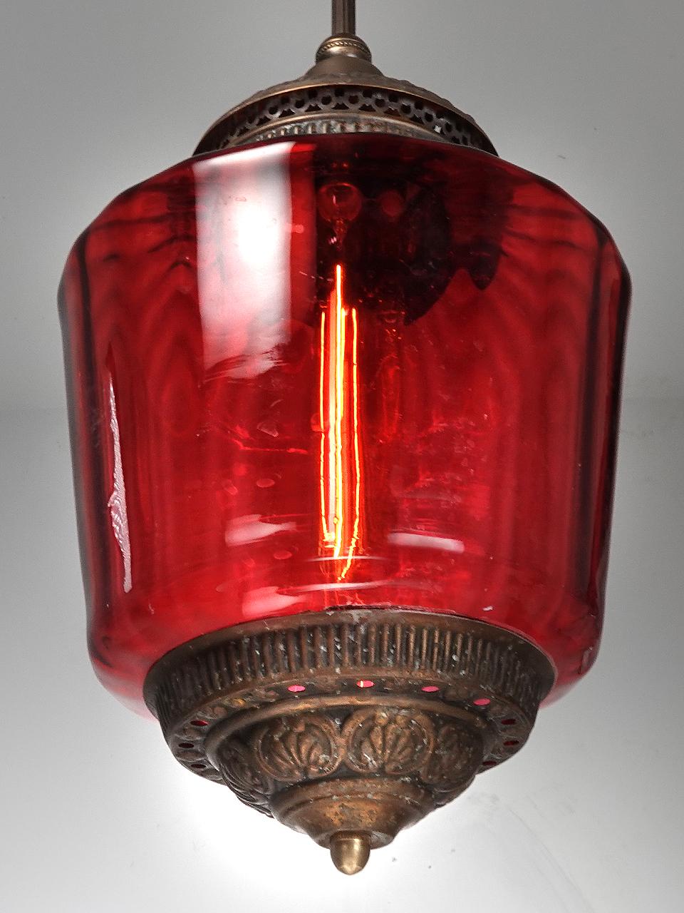 Victorian 1800s Fluted Ruby Glass Pendent For Sale