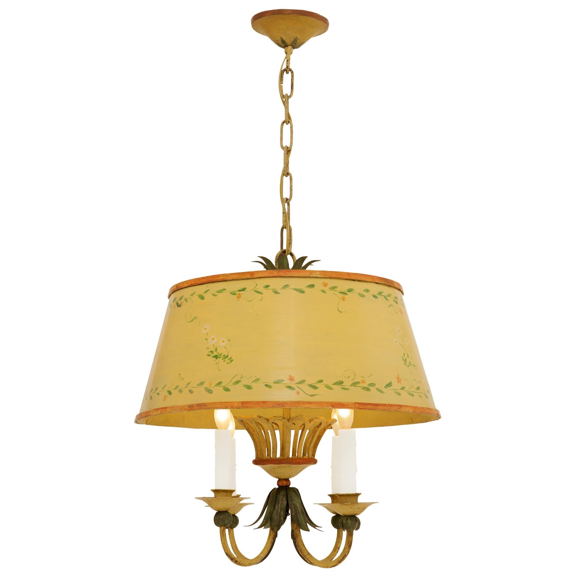 Patinated French late 19th century Louis XVI st. patinated Iron and Tole chandeliers For Sale