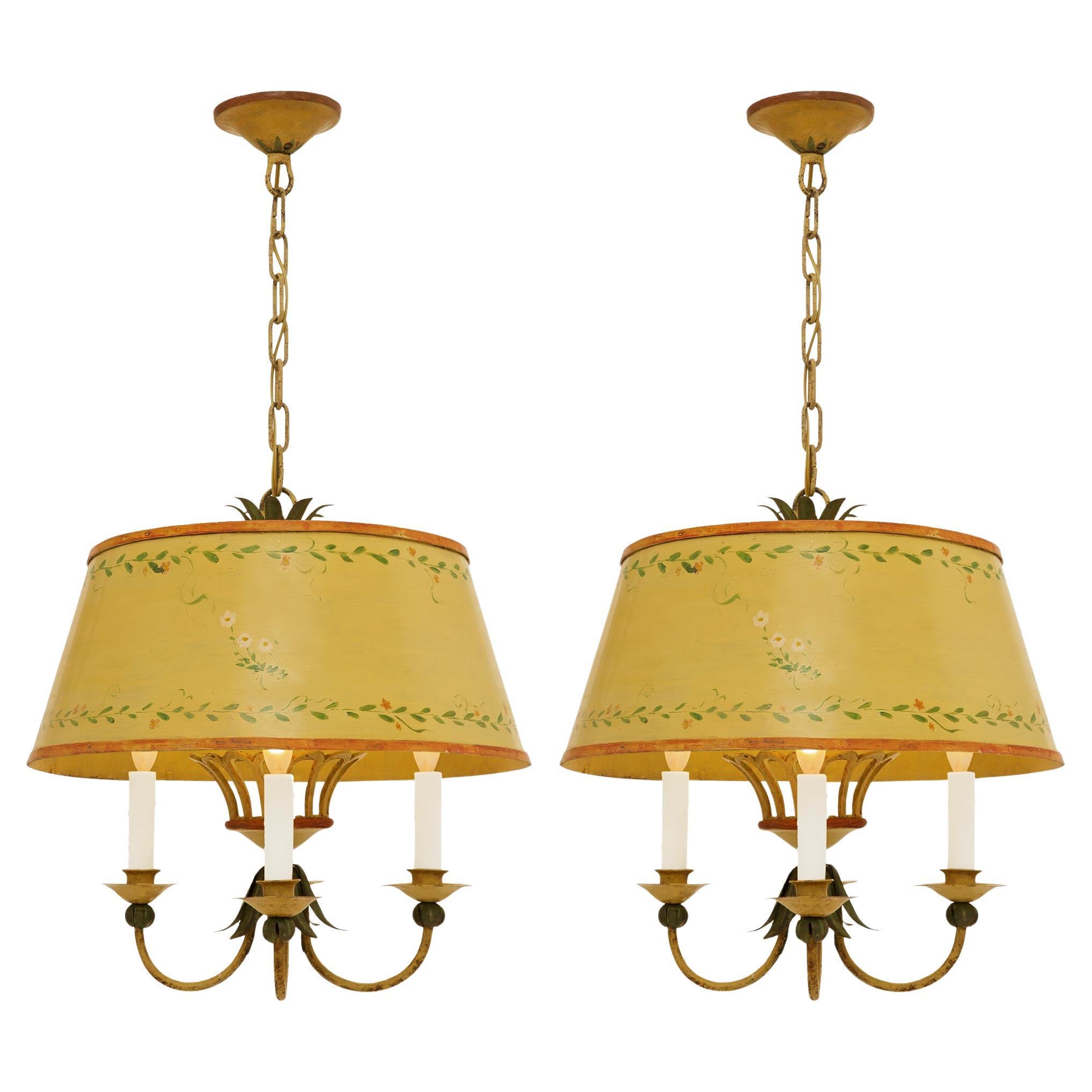 French late 19th century Louis XVI st. patinated Iron and Tole chandeliers For Sale