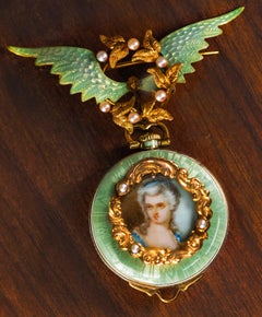 1800s French Art Nouveau Enamel Angel Winged Flower Pearl Wreath Pendant Watch