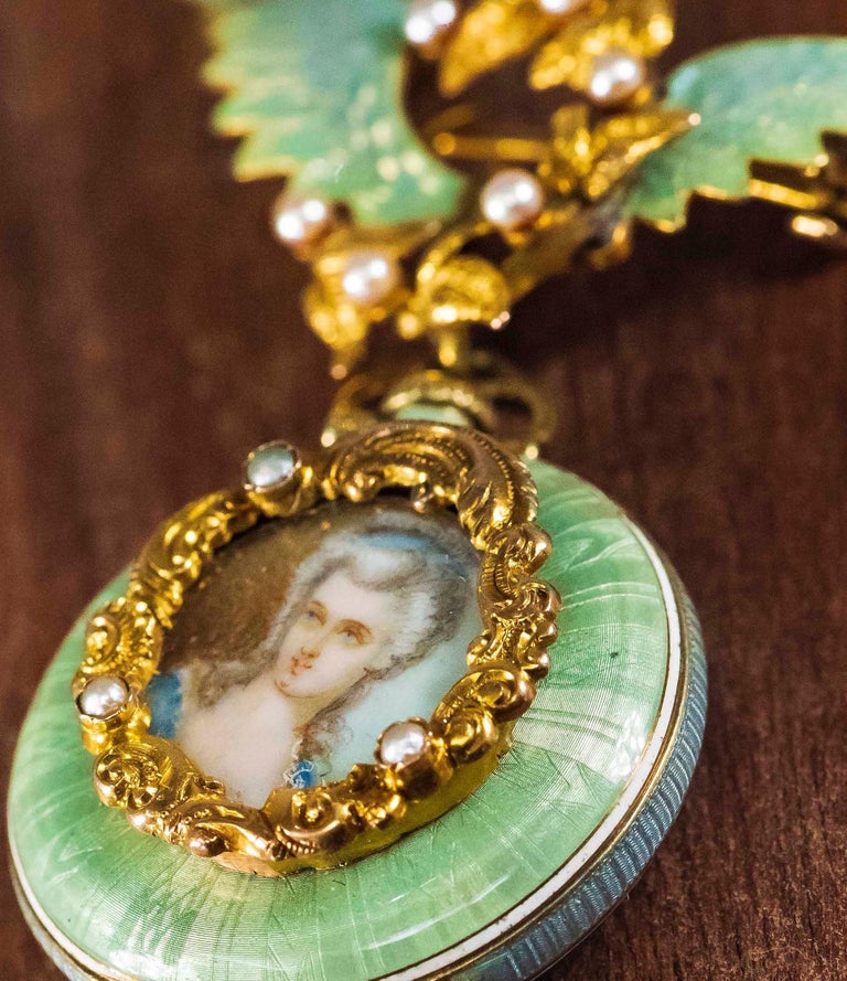 1800s French Art Nouveau Enamel Angel Winged Flower Pearl Wreath Pendant Watch In Good Condition For Sale In New york, NY