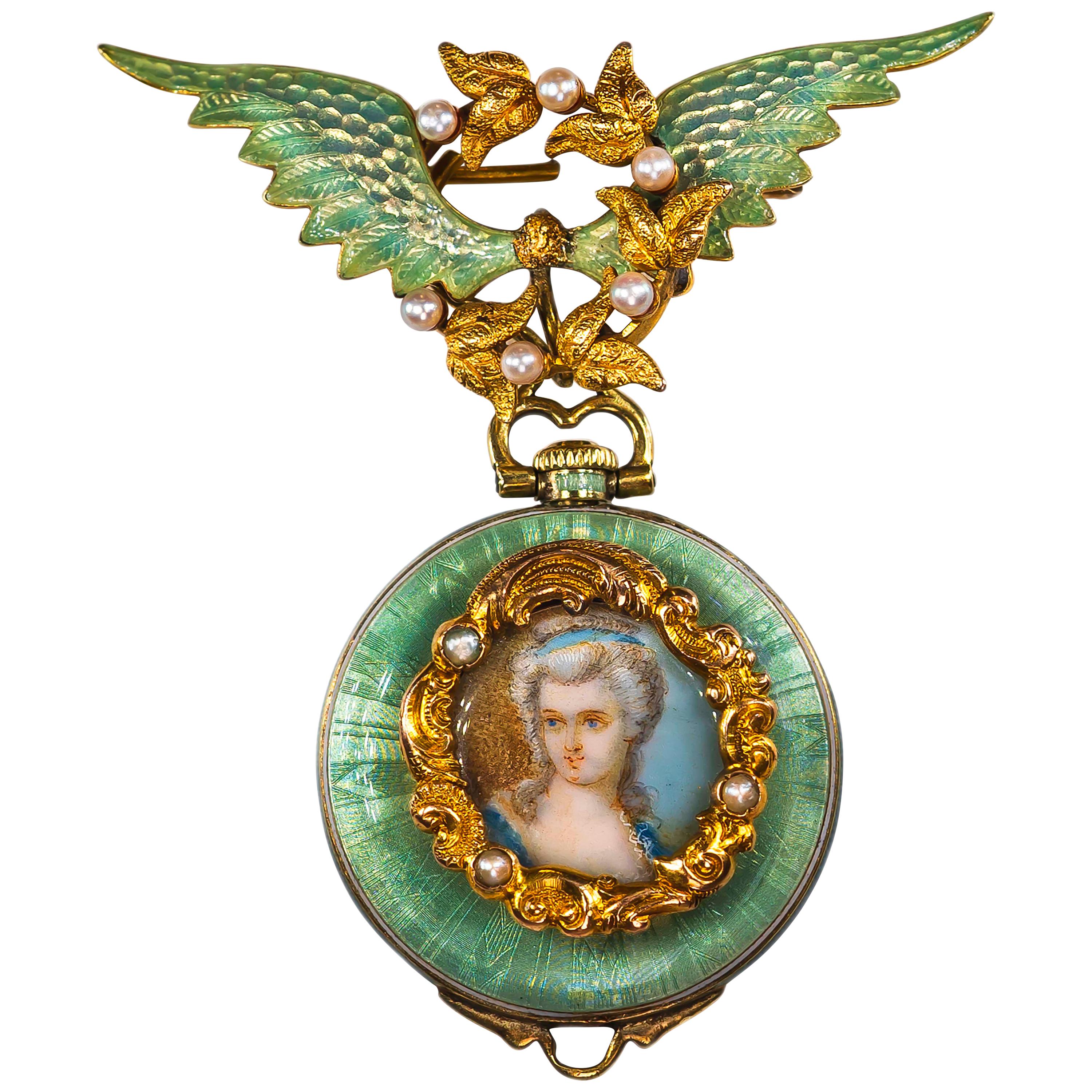 1800s French Art Nouveau Enamel Angel Winged Flower Pearl Wreath Pendant Watch