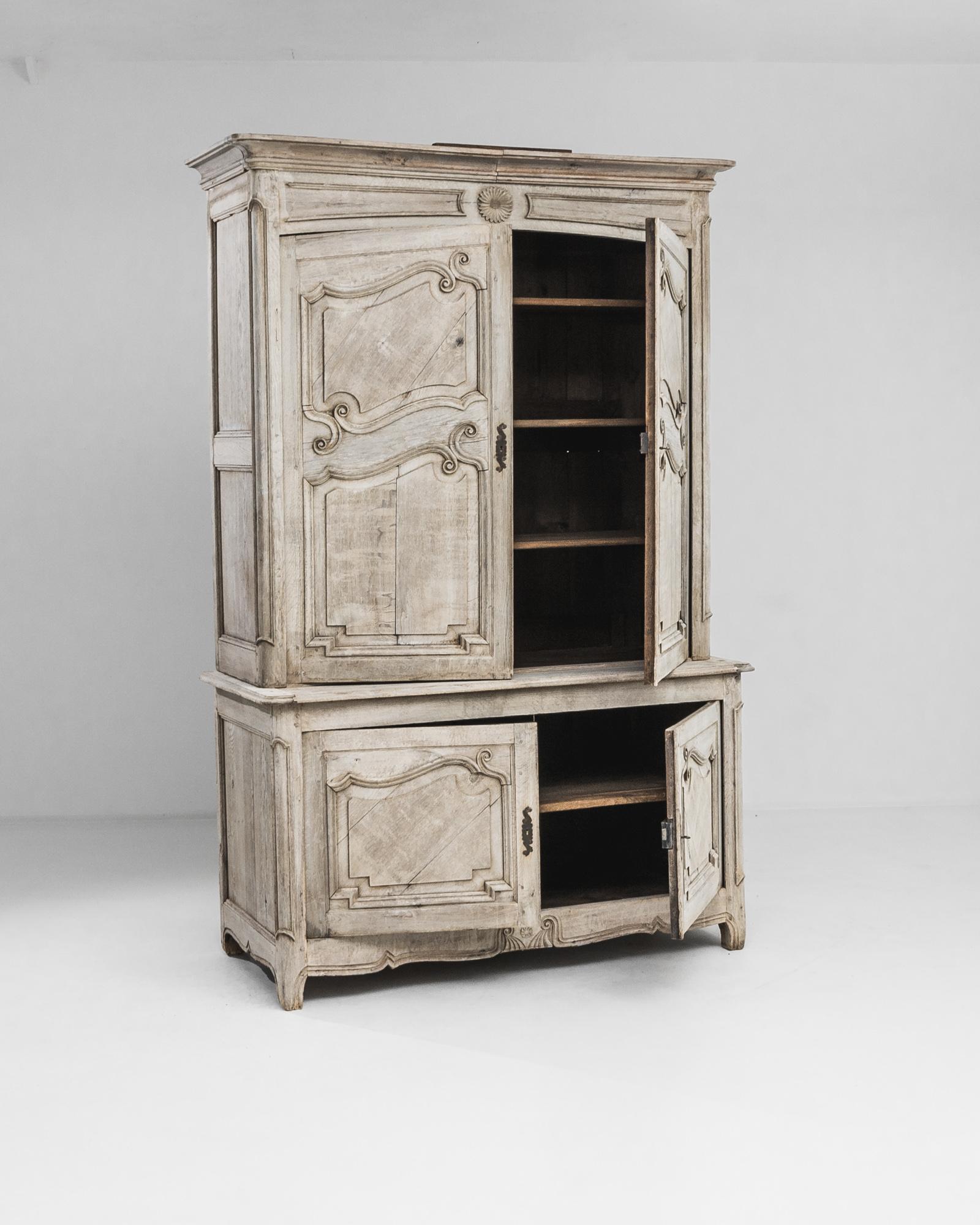 Hand-Carved 1800s French Bleached Oak Cabinet