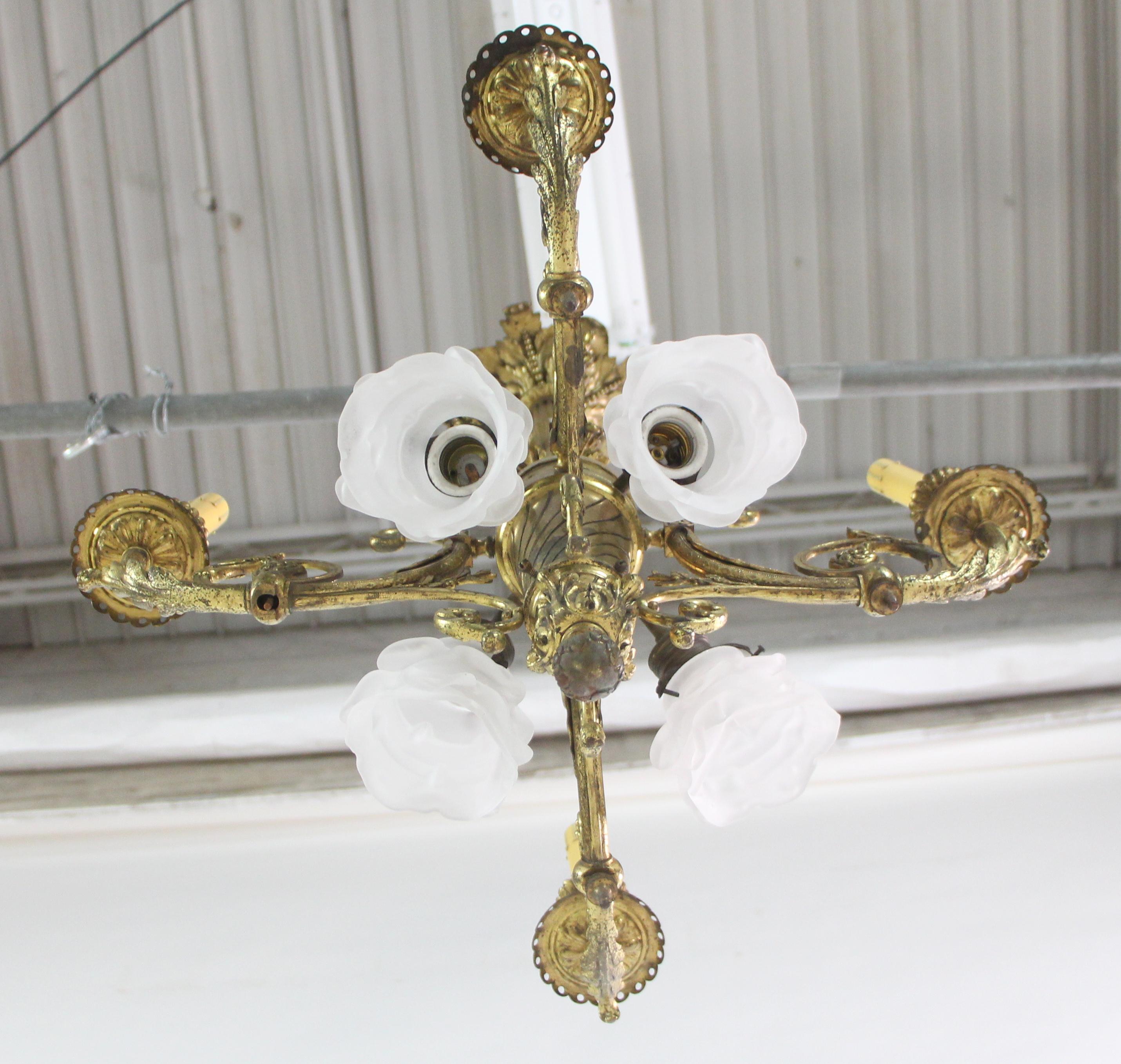 1800s French Bronze Foliate Candlestick Chandelier w/ Four Floral Down Lights 7