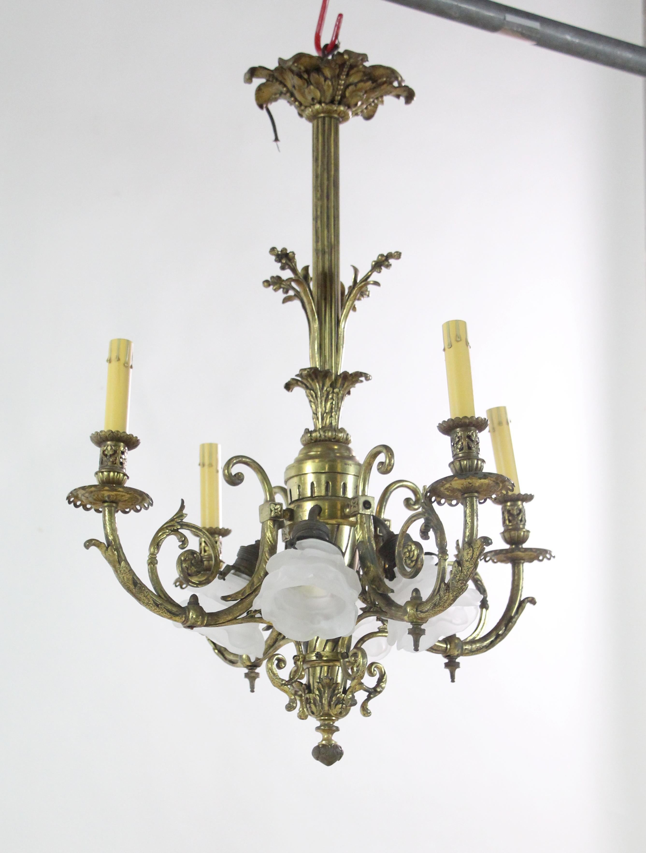 Victorian 1800s French Bronze Foliate Candlestick Chandelier w/ Four Floral Down Lights