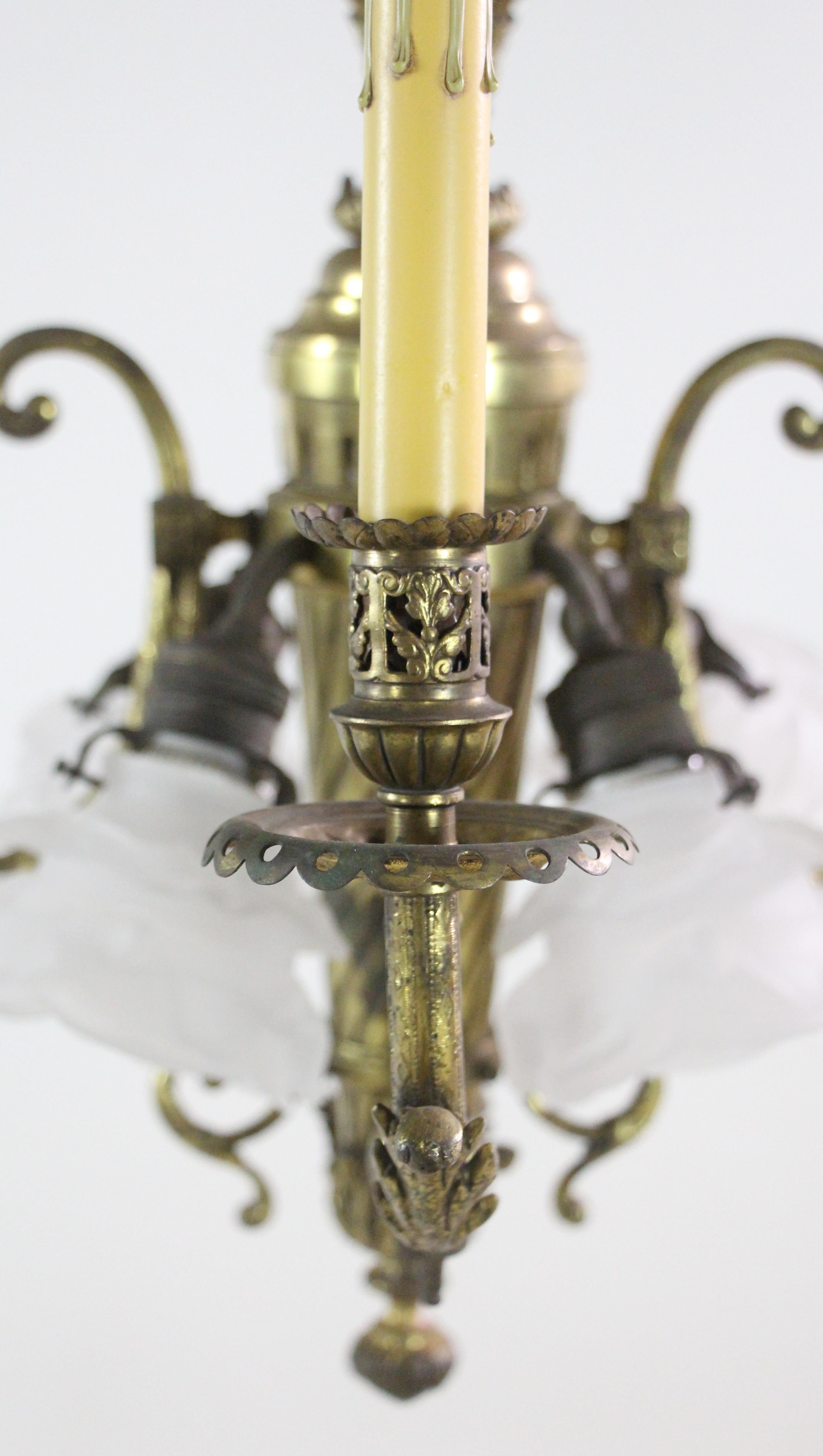 Belgian 1800s French Bronze Foliate Candlestick Chandelier w/ Four Floral Down Lights