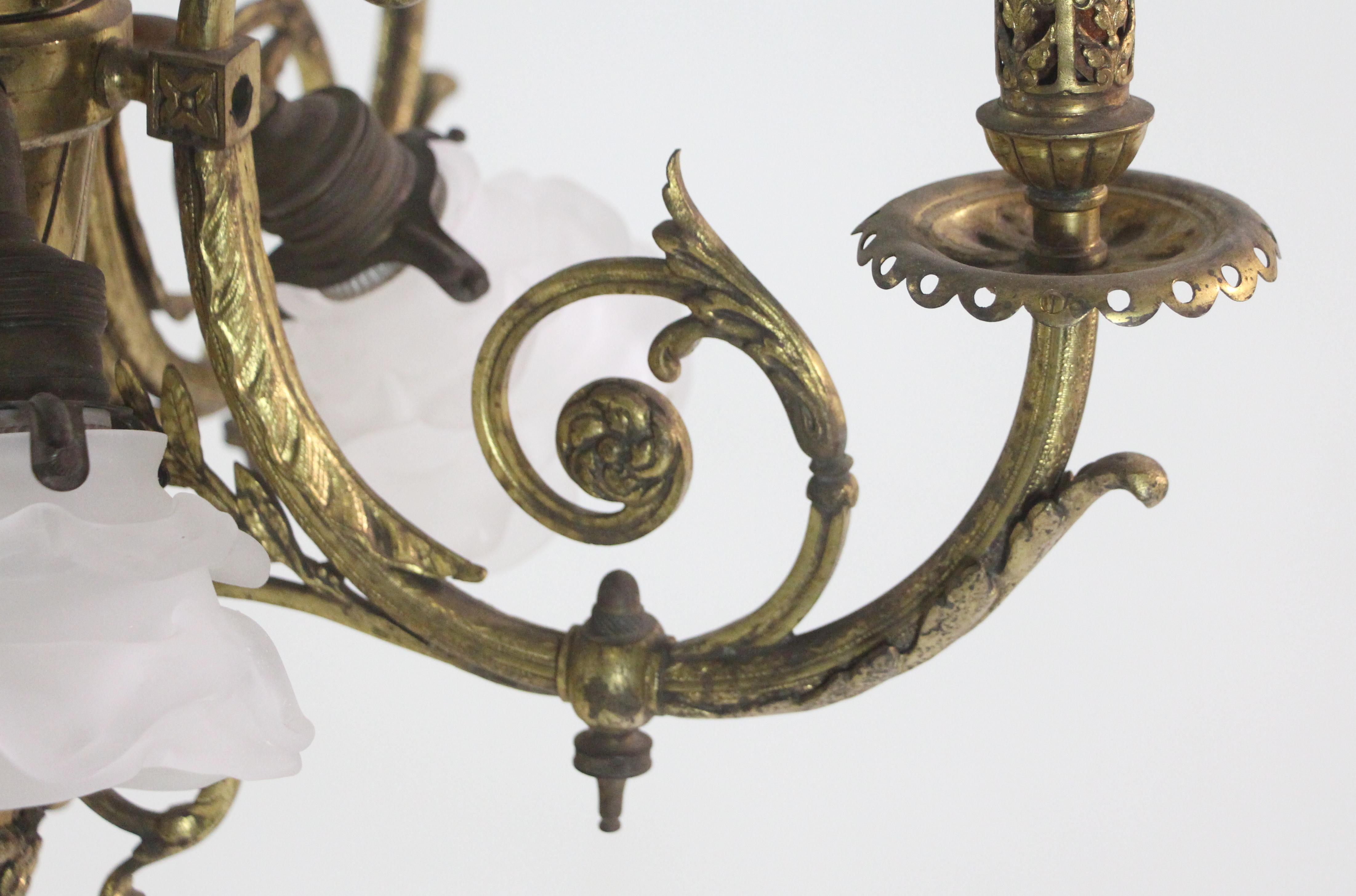 1800s French Bronze Foliate Candlestick Chandelier w/ Four Floral Down Lights In Good Condition In New York, NY