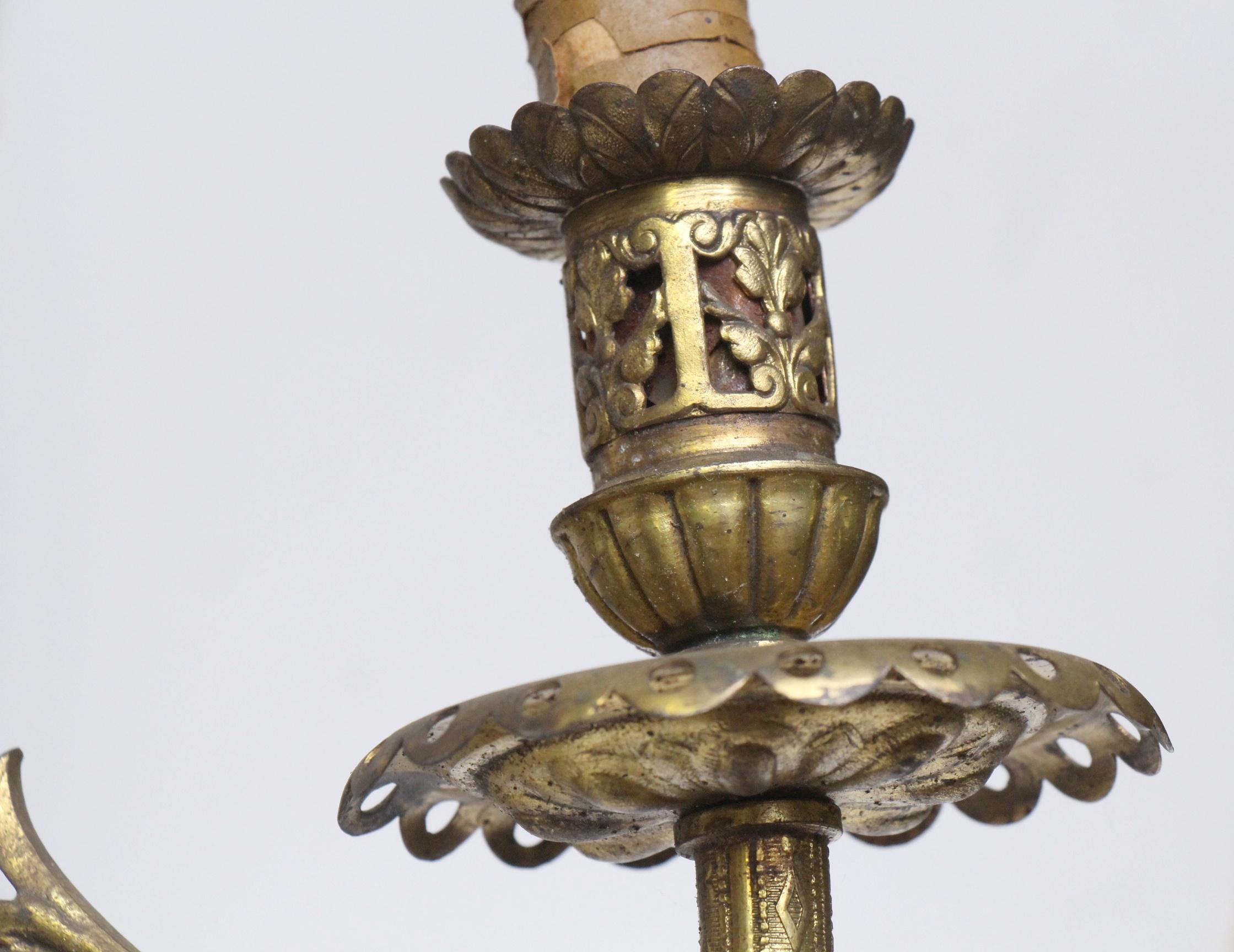 19th Century 1800s French Bronze Foliate Candlestick Chandelier w/ Four Floral Down Lights