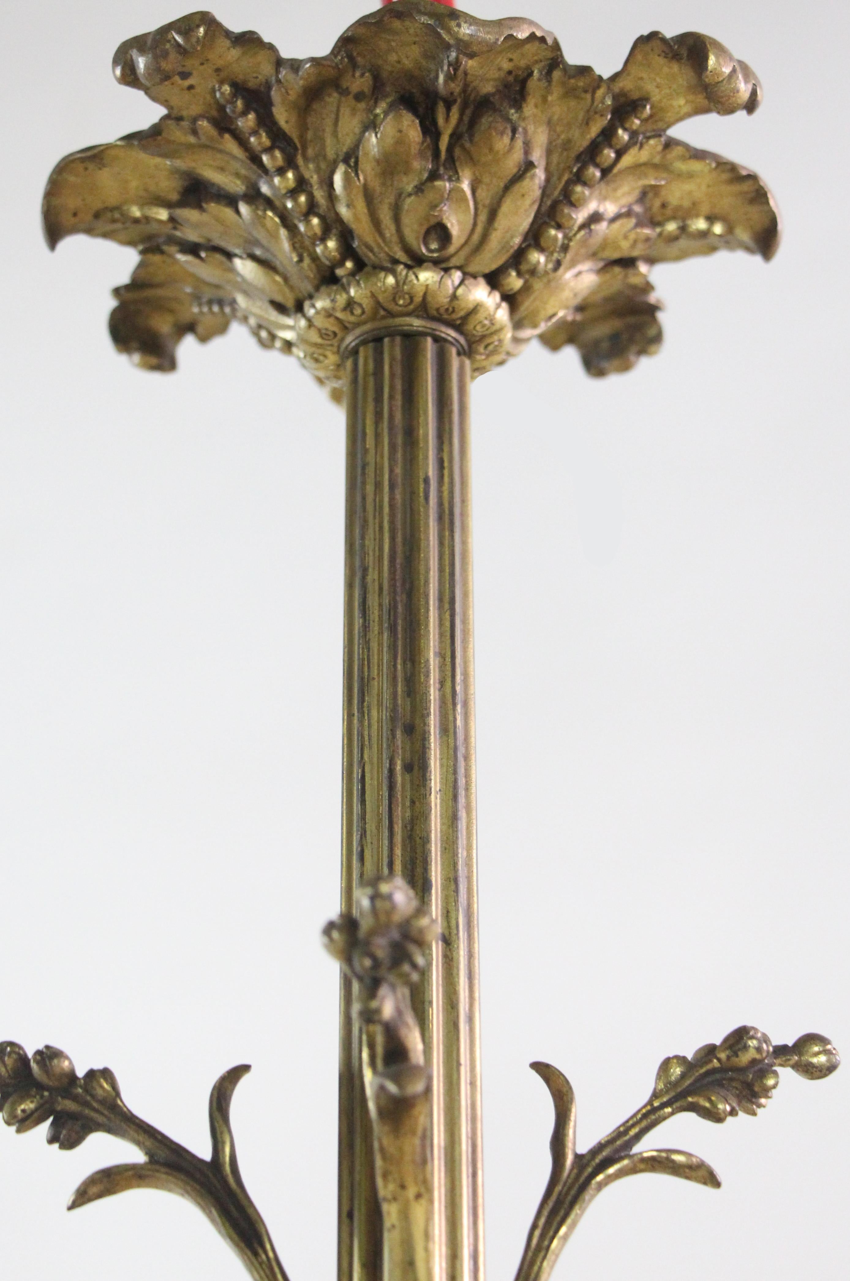 1800s French Bronze Foliate Candlestick Chandelier w/ Four Floral Down Lights 2