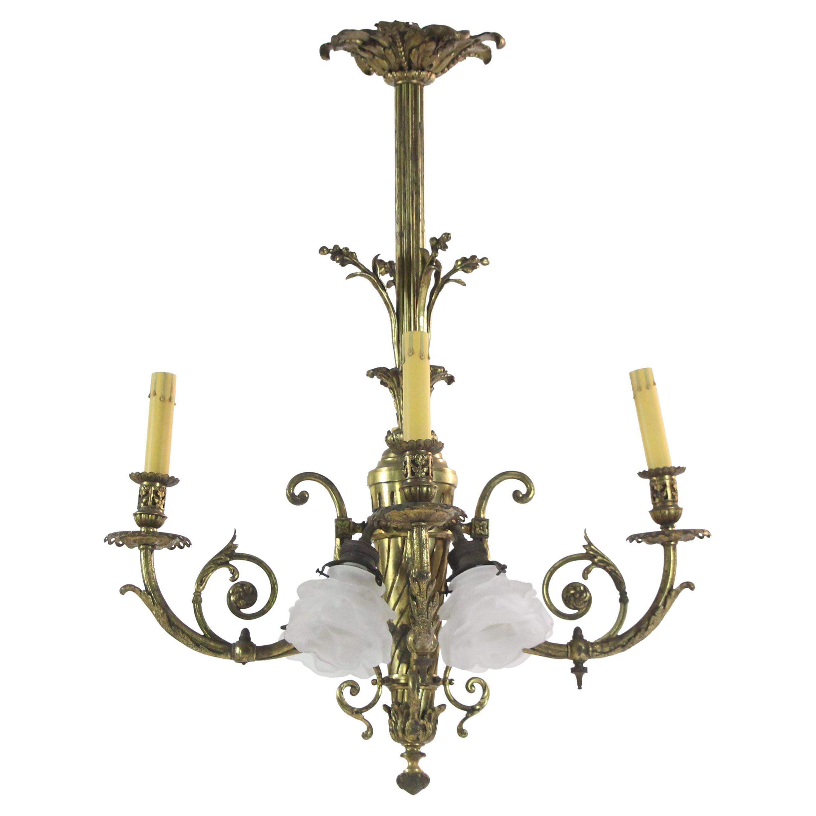 1800s French Bronze Foliate Candlestick Chandelier w/ Four Floral Down Lights