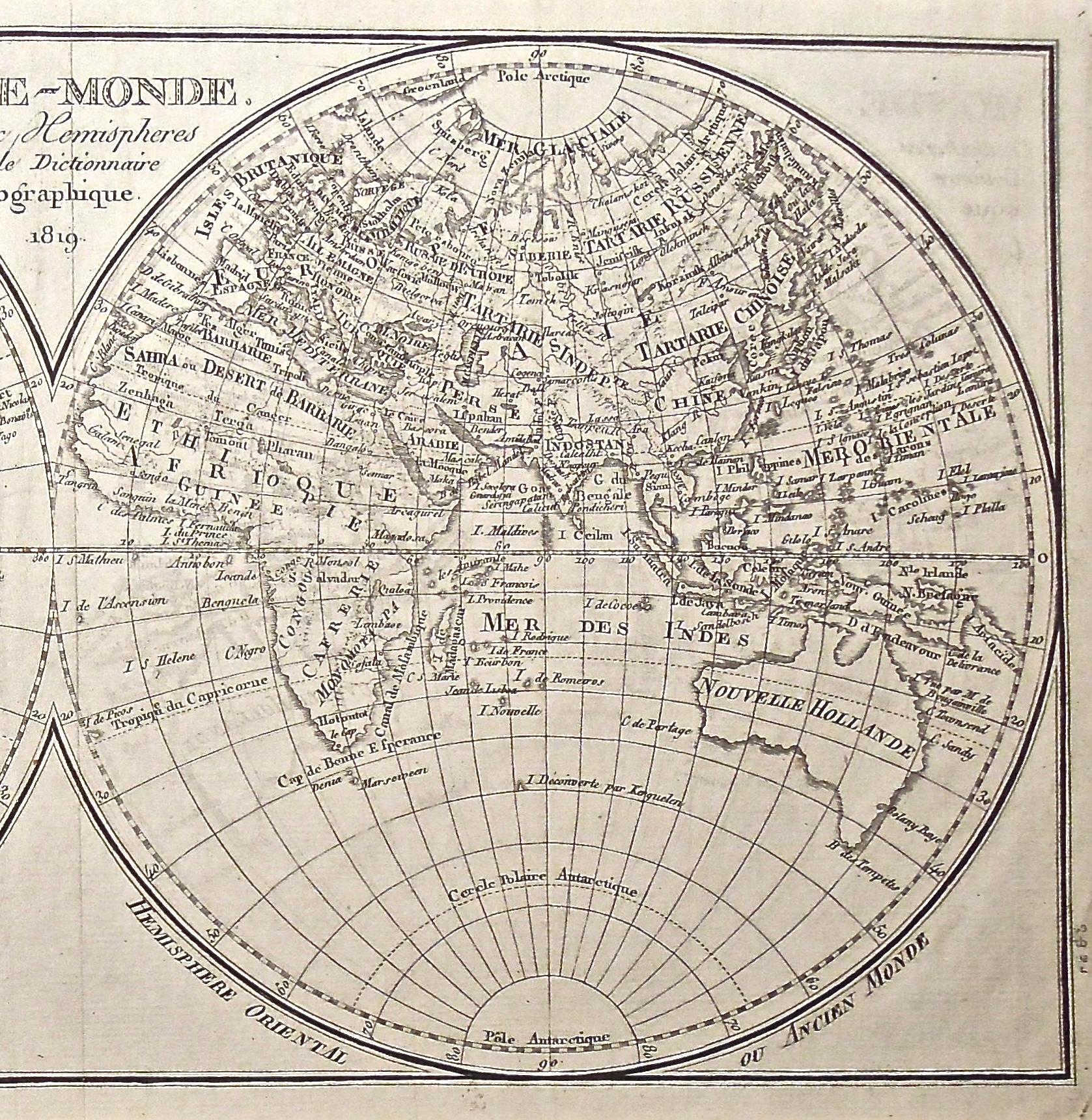 Engraved 1800s French Map of the World in Two Hemispheres - Le Dictionnaire Géographique For Sale