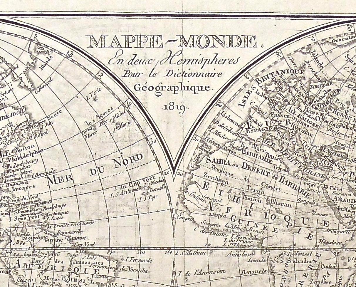 1800s French Map of the World in Two Hemispheres - Le Dictionnaire Géographique In Good Condition For Sale In Montréal, CA