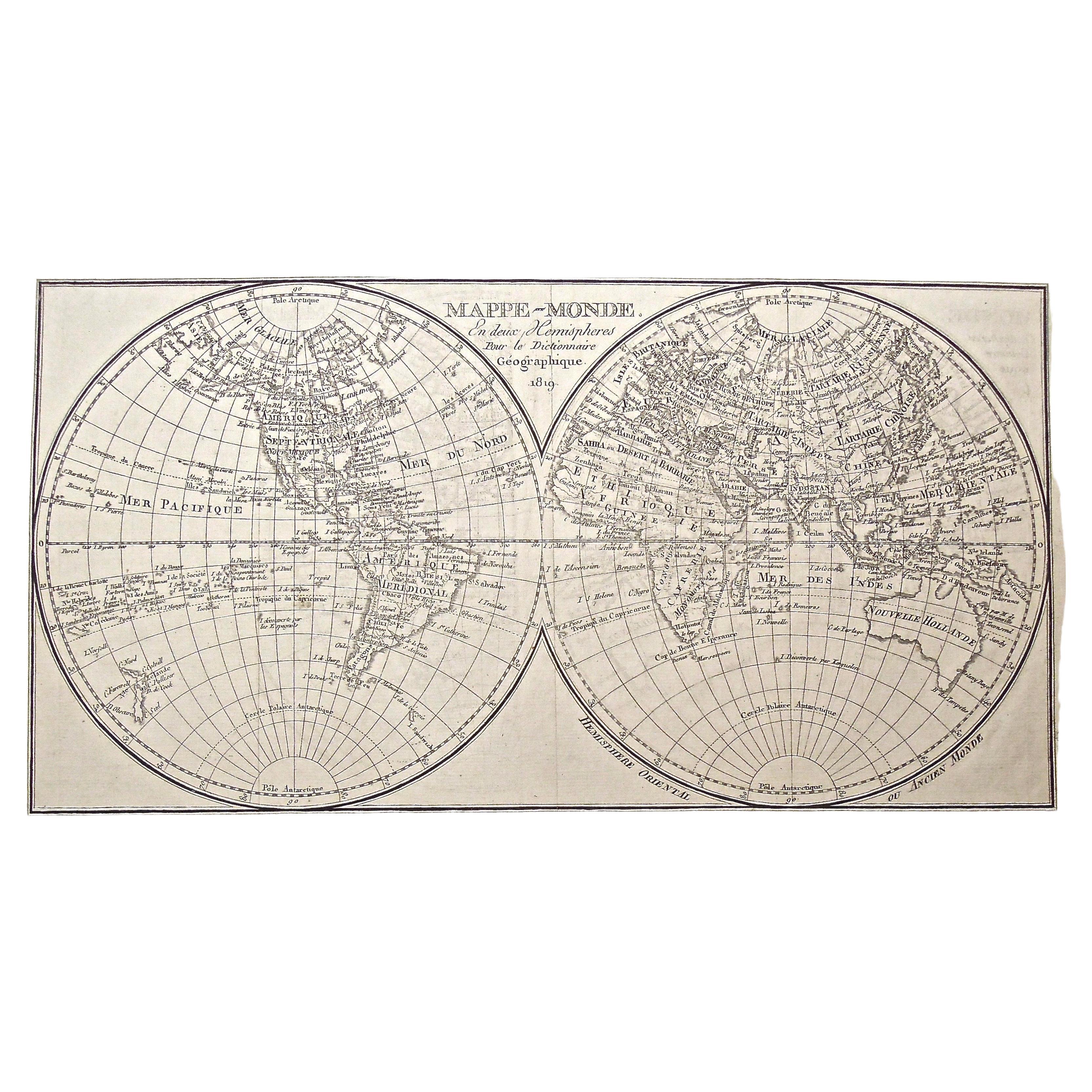 1800s French Map of the World in Two Hemispheres - Le Dictionnaire Géographique