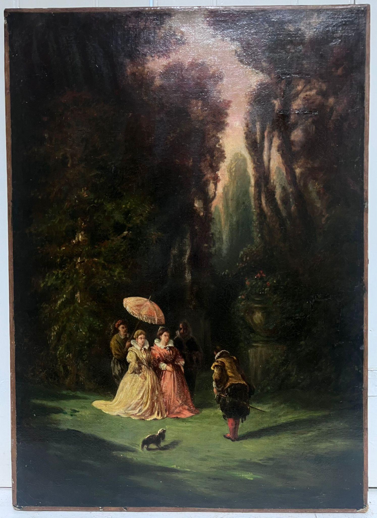Courtier Presenting Himself to Elegant French Ladies in Rococo Parkland, 1800's  - Painting by 1800's French Oil