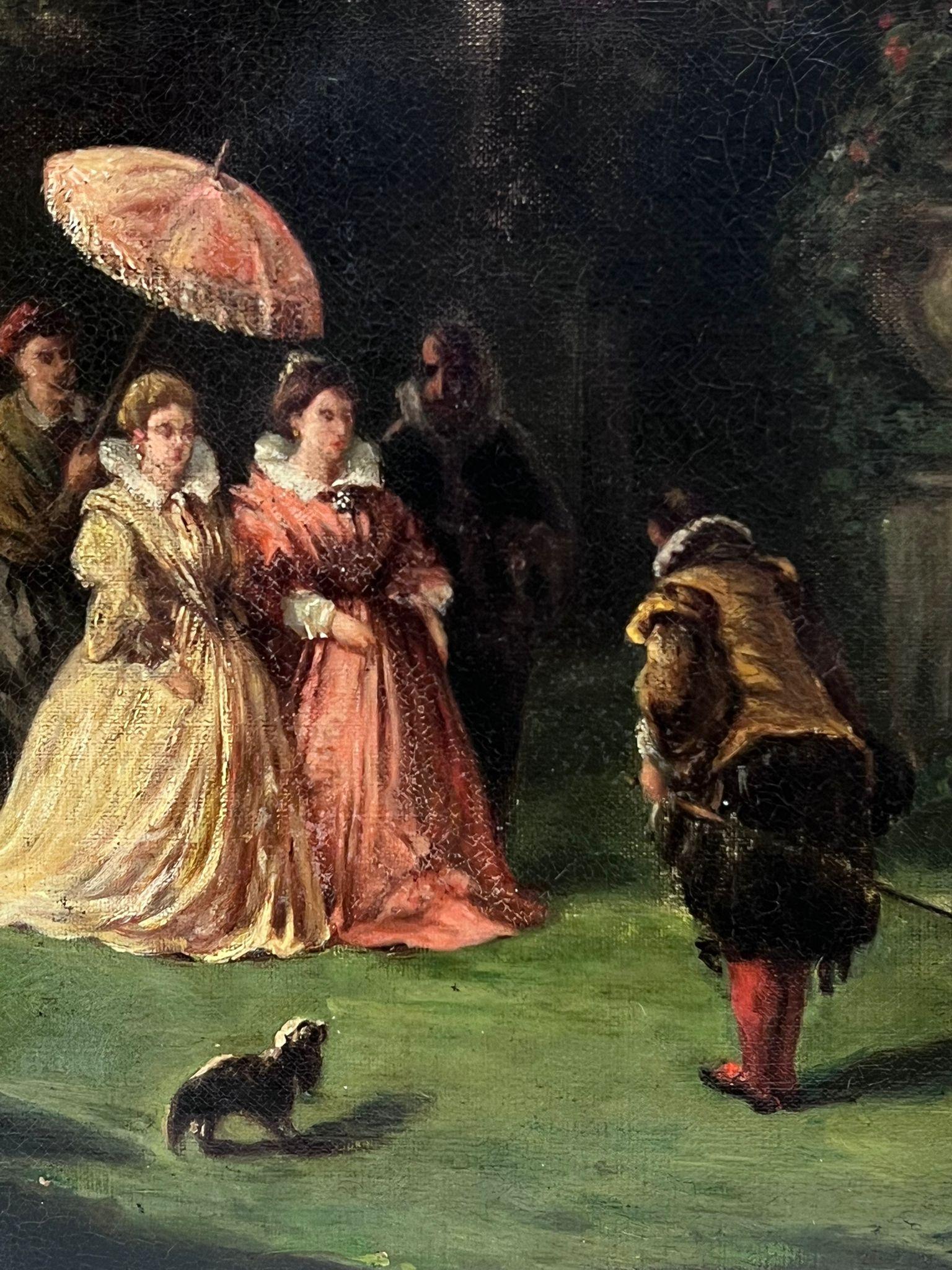 Courtier se présentant à d'élégantes femmes françaises dans un parc rococo, années 1800  - Rococo Painting par 1800's French Oil